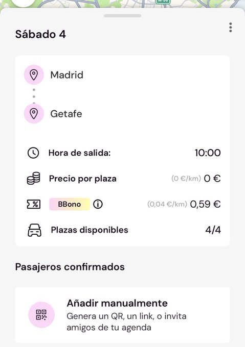 Resumen del viaje: Madrid-Getafe, BBono 0,59€, invitar pasajeros por QR