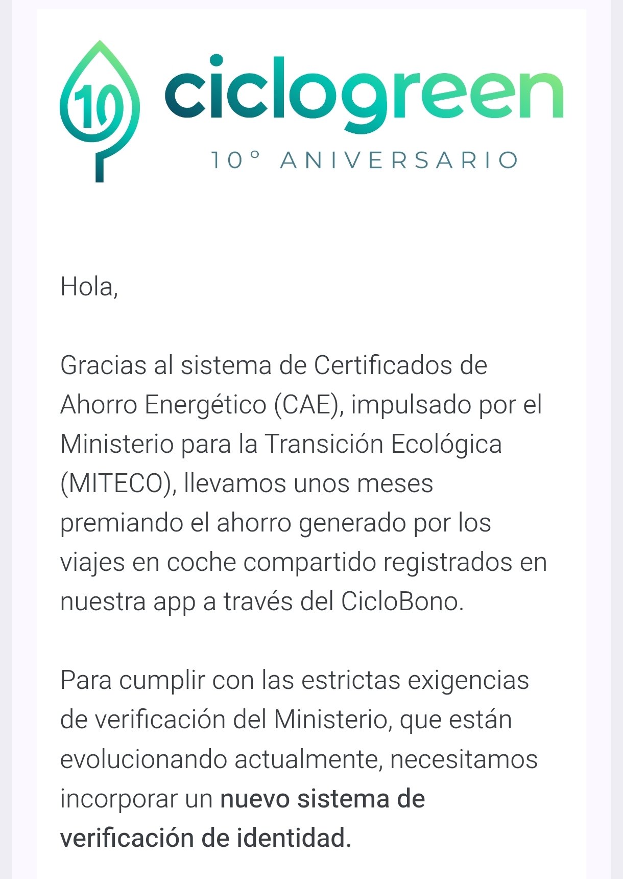 Comunicado Ciclogreen mayo 2026 - nuevo sistema de verificación de identidad