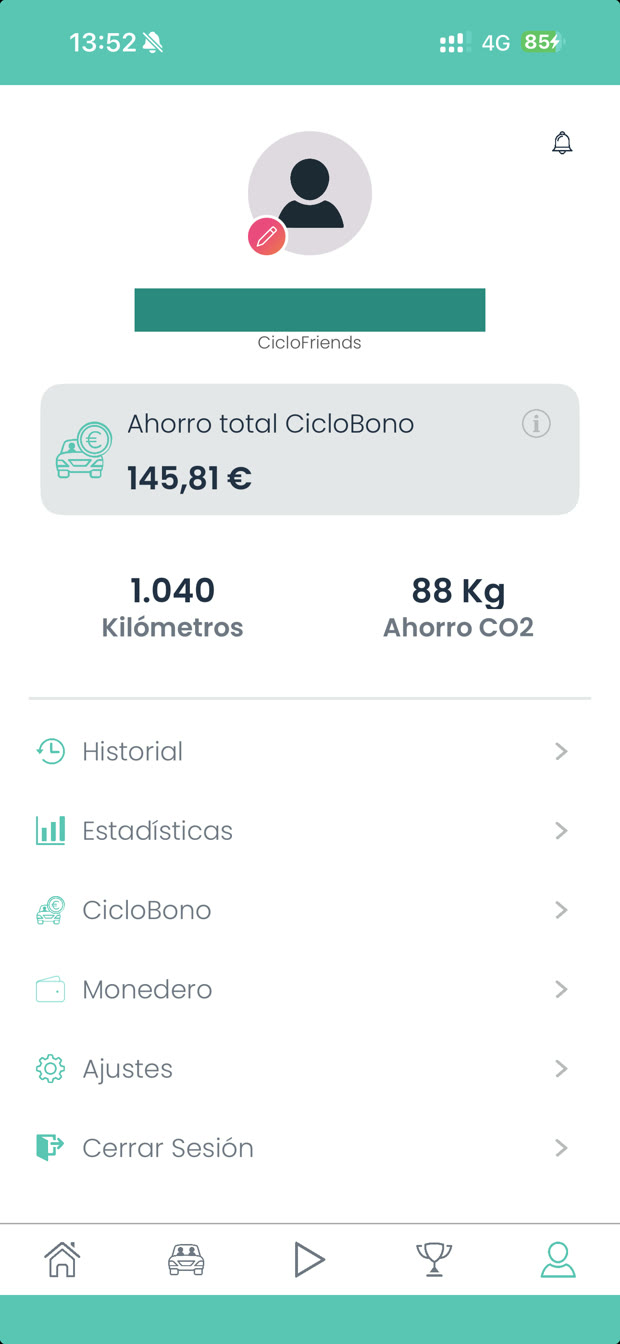 Perfil de mi cuenta de Ciclogreen con el ahorro total del CicloBono acumulado