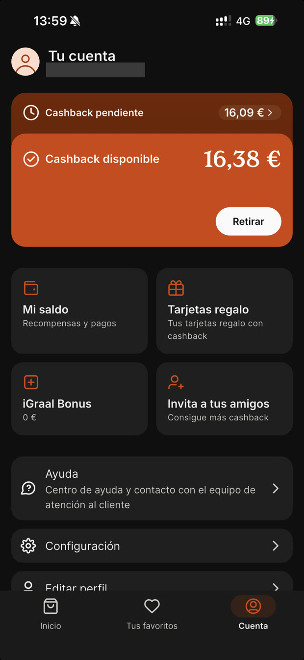 Pantalla de mi cuenta de iGraal con el cashback pendiente y el disponible
